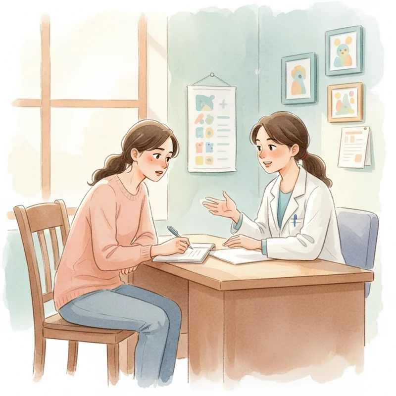 A tired but loving mother sitting across from a pediatrician in a warm, softly lit clinic exam room, leaning forward with a notepad and pen, looking engaged and slightly anxious. Child not visible. No clinical equipment in focus.