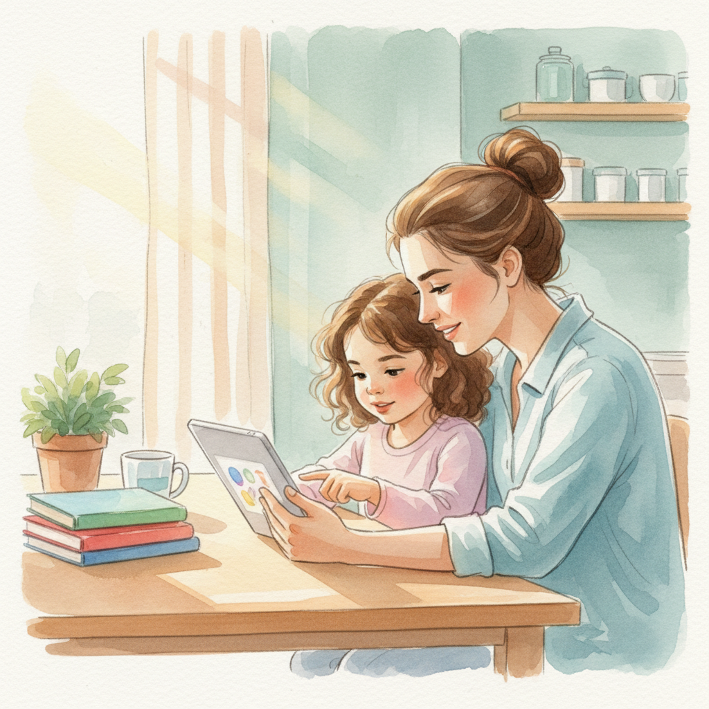 Parent and child sitting together at kitchen table, looking at tablet screen with focused expressions, natural afternoon lighting, showing collaborative learning moment.