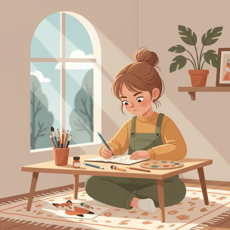A young girl sitting at a desk with art supplies scattered around, looking focused while drawing or coloring, with natural lighting from a nearby window.