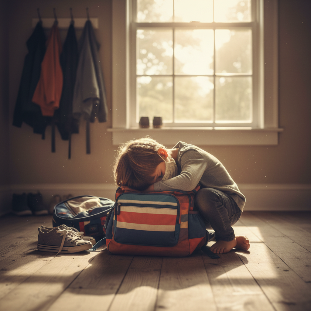 A young child collapsed exhausted on their backpack in the entryway after school, showing the toll of masking all day