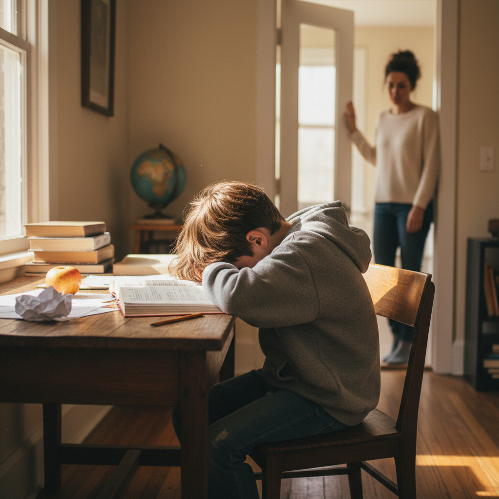 Mother comforting exhausted child who appears overwhelmed and tired