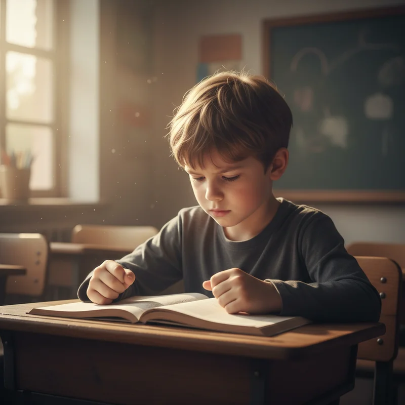Child sitting at school desk looking focused but tense, shoulders slightly hunched, hands clenched, capturing the effort of masking ADHD symptoms during class time.
