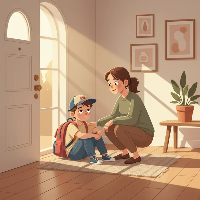 A tired elementary-age boy sitting on the floor just inside a front door, backpack still on, staring at nothing, while his mother crouches nearby with a gentle, patient expression. Warm afternoon light. No text, no products.
