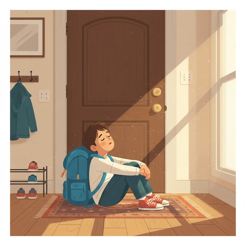 A tired elementary-age boy sitting on the floor just inside the front door, backpack still on, shoes still on, leaning his head back against the wall with eyes closed — warm afternoon light, calm mood, no adults visible, capturing the physical exhaustion of a child who has been holding it together all day.