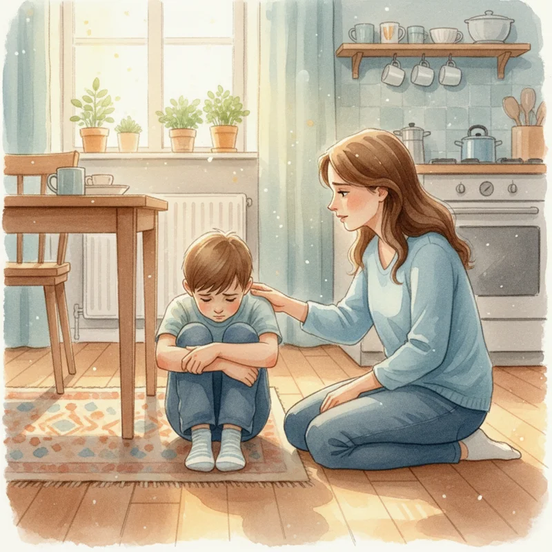 A young boy sitting on a kitchen floor hugging his knees, looking sad and withdrawn while his mother crouches beside him with a gentle, concerned expression. Morning light, warm home setting.