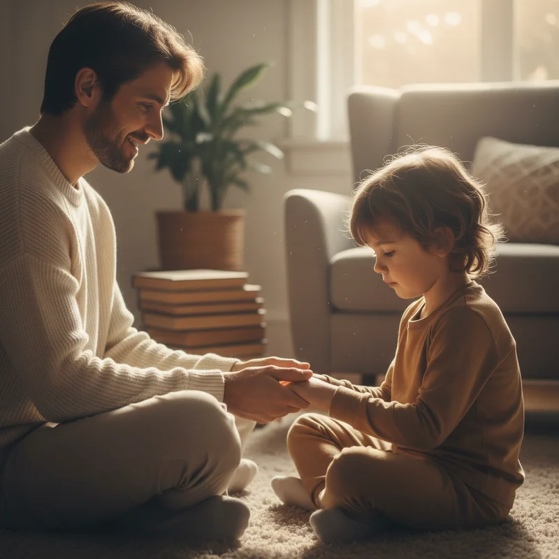 Parent sitting beside child on floor, both looking calm, child's hands in parent's hands showing co-regulation moment in warm home setting.