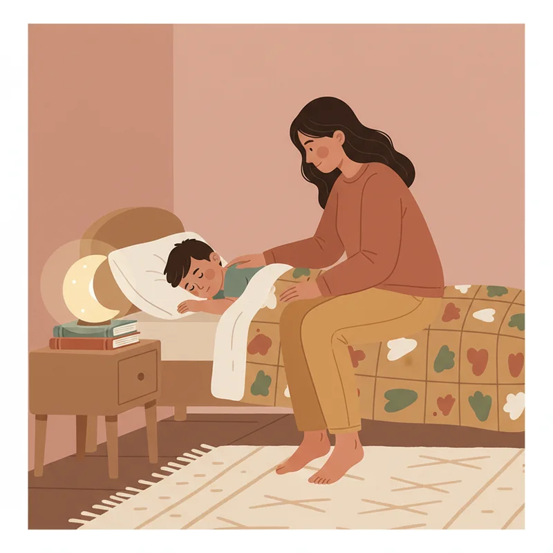 A mom sitting on the edge of a child's bed in a softly lit room at night, gently placing her hand on her young son's back as he lies under the covers. The room is calm, with a small nightlight glowing nearby. Warm, tender, intimate mood — no screens, no products visible.