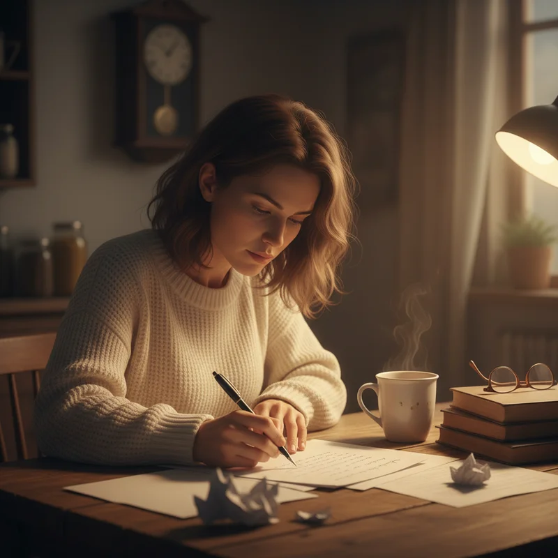 A warm, candid scene of a mom sitting at a kitchen table late at night, handwriting notes on paper with a cup of tea nearby, preparing for an important school meeting. Soft lamp light, calm and focused mood.