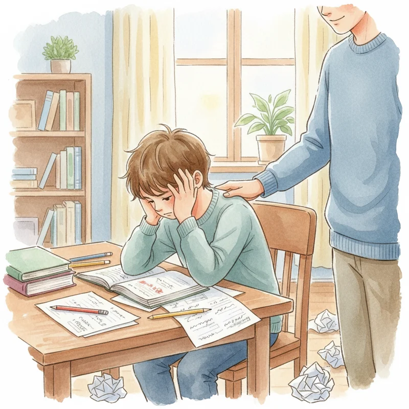 A child sitting at a desk looking frustrated with school work scattered around, while a parent places a comforting hand on their shoulder in a warm, supportive home setting.