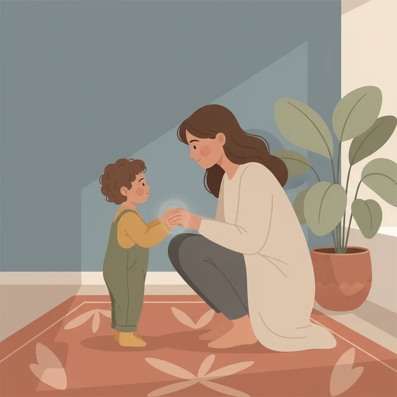 A mother crouched down at eye level with her young child in a quiet corner, both looking calm and connected, with soft natural lighting creating a peaceful atmosphere.