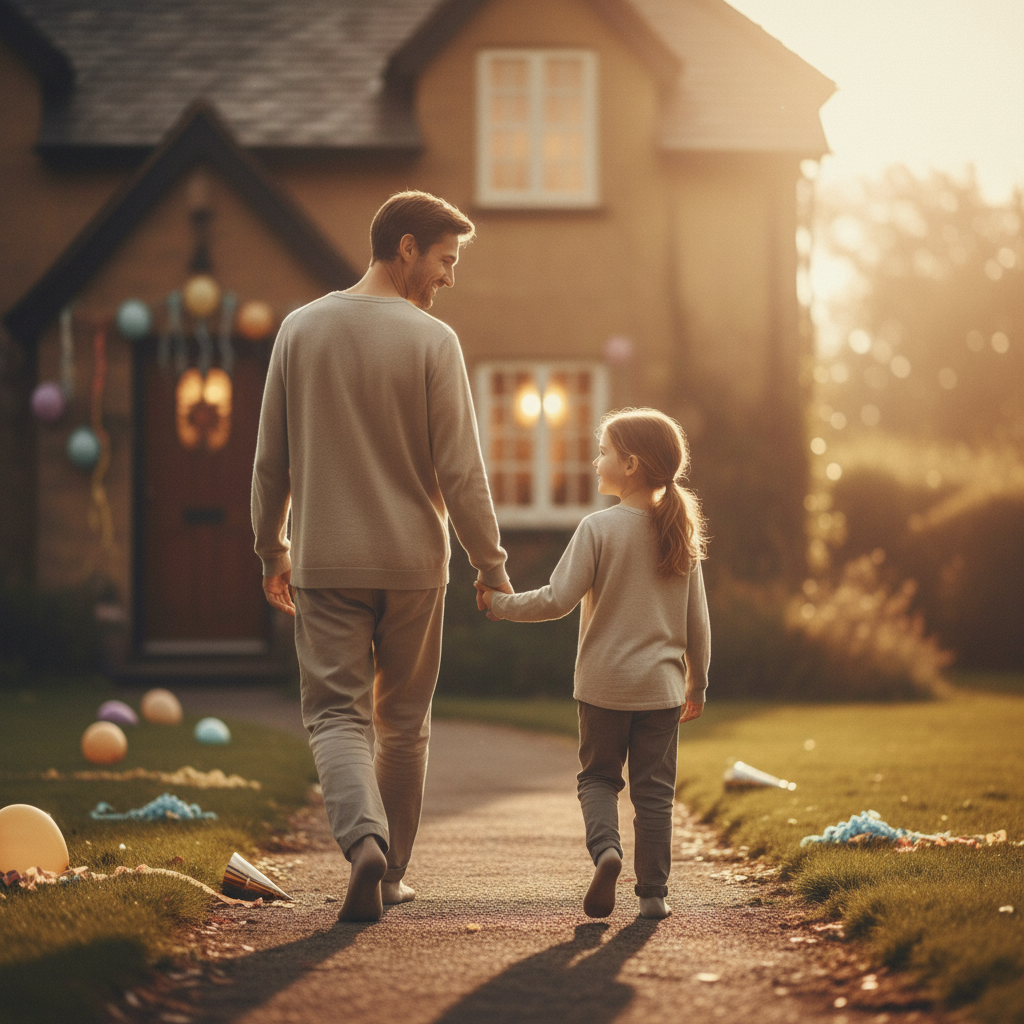 A child and parent walking hand in hand away from a house with party decorations, both smiling peacefully, conveying a sense of contentment and successful boundary-setting.