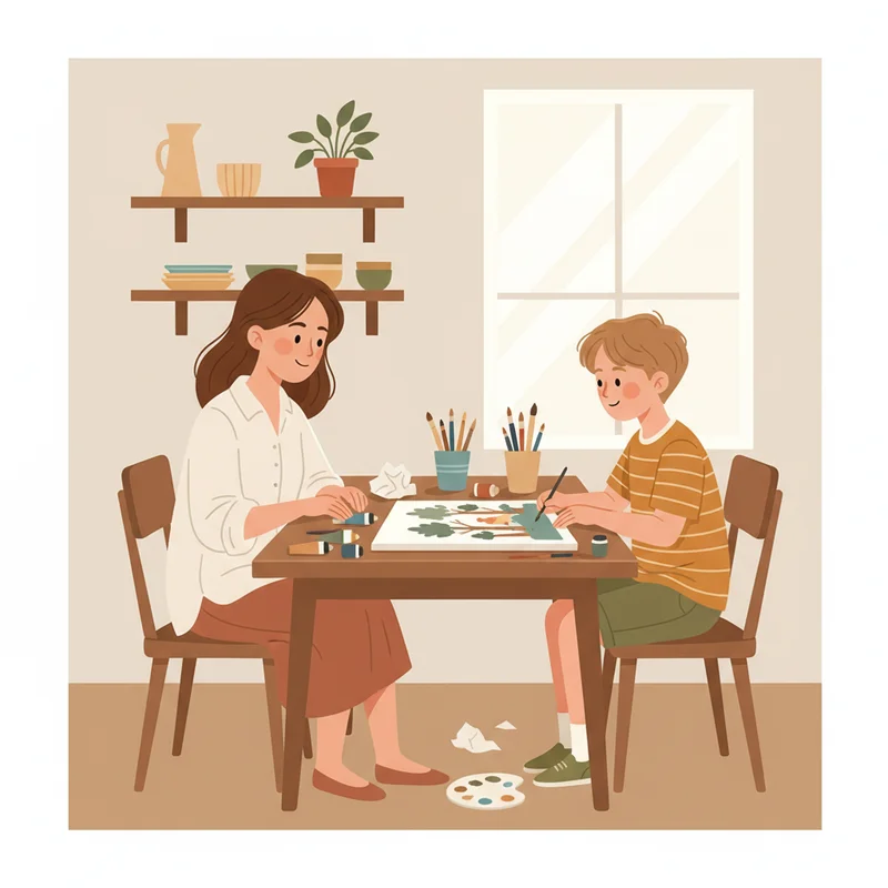 A mother sitting beside her school-age son at a kitchen table covered with art supplies, both looking at an unfinished painting project with gentle, understanding expressions.