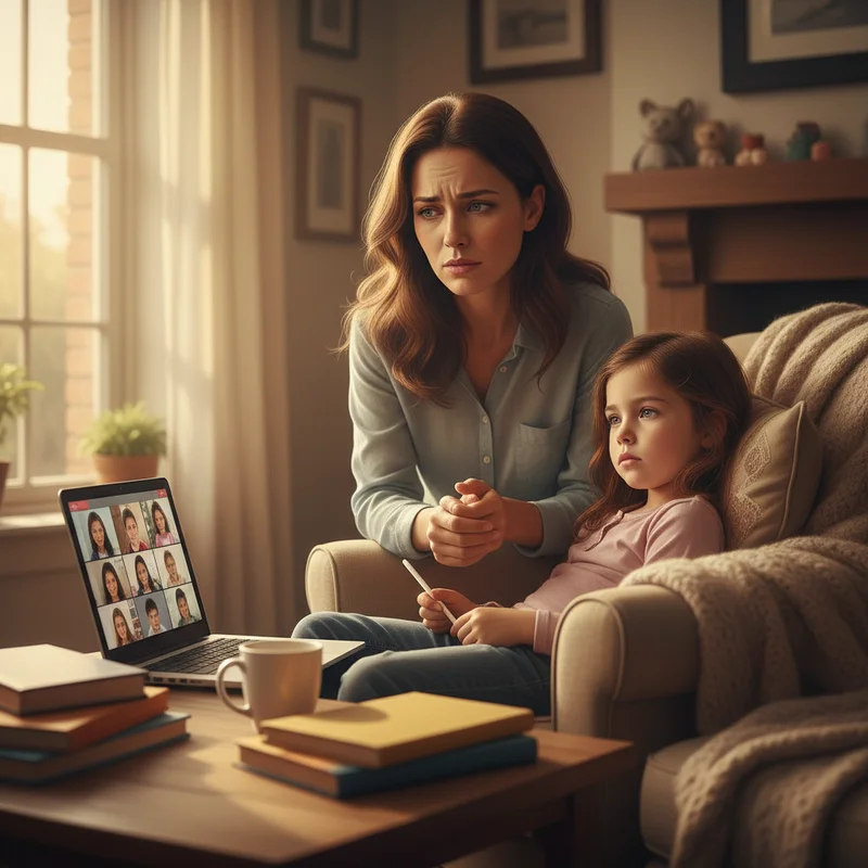 Parent looking concerned while watching their child struggle to pay attention during an online learning session on a laptop, warm home setting with soft lighting