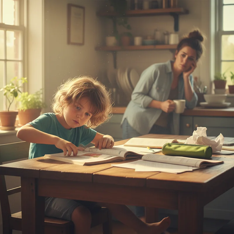Young child with ADHD looking overwhelmed and fidgety while sitting at a kitchen table with homework, spring sunlight streaming through windows, parent in background looking concerned and exhausted.