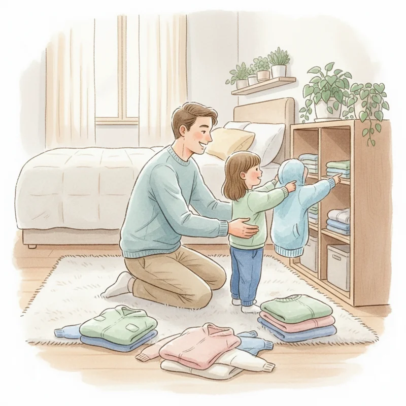 Parent and child working together to organize soft, comfortable clothing options in a calm bedroom setting, showing cooperation rather than conflict.