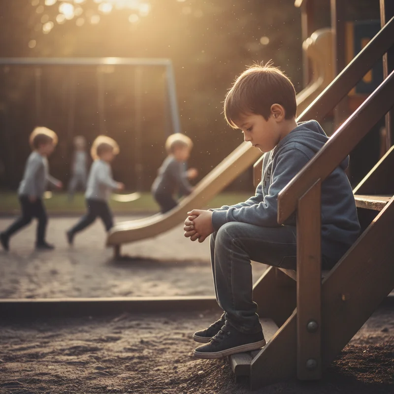 A young boy sitting alone on playground steps, head slightly down, while other kids play in the blurred background — warm afternoon light, quiet and reflective mood, no text or logos.