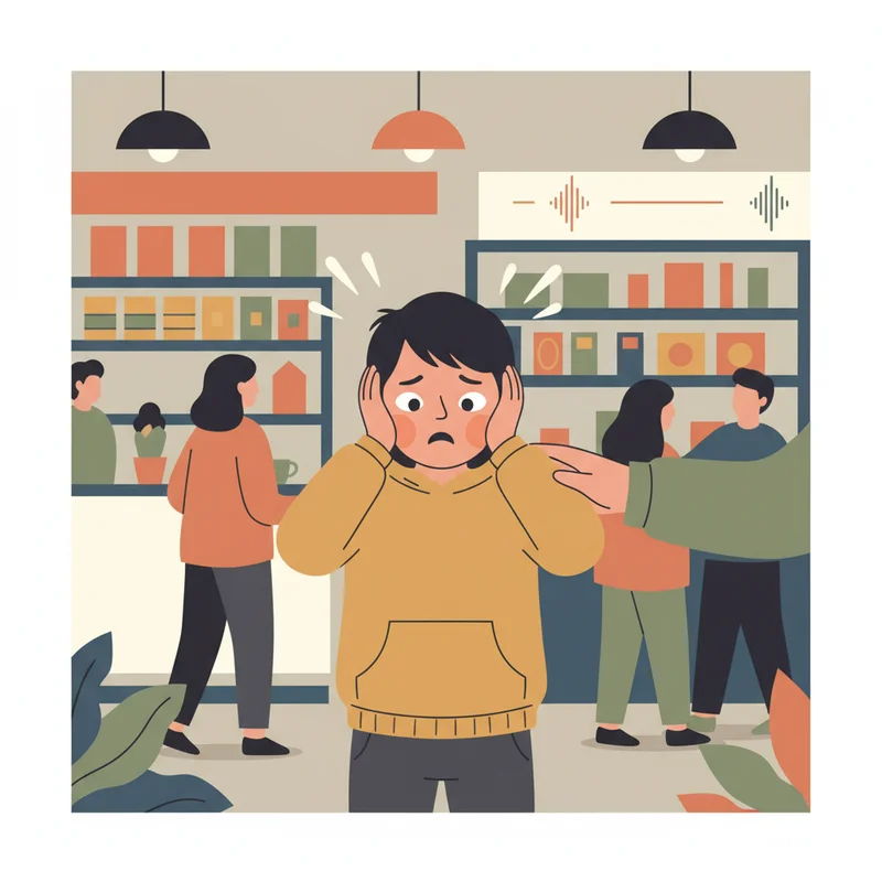 Young child covering their ears and looking overwhelmed in a busy, stimulating environment like a store or restaurant, with parent's hand gently on their shoulder.