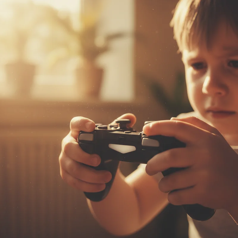 Close-up of a child's hands gripping a game controller or game piece tightly, showing tension and emotional overwhelm during a competitive gaming moment.