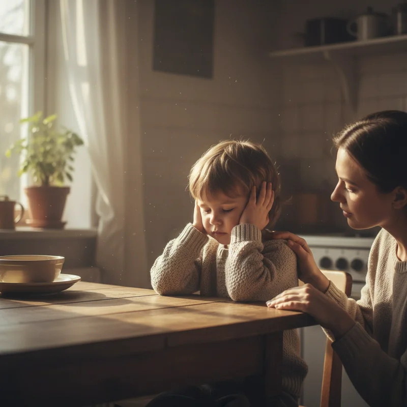 A young child sitting at a kitchen table with their hands gently over their ears while a parent kneels beside them offering comfort, with soft natural lighting showing understanding and connection between parent and child.