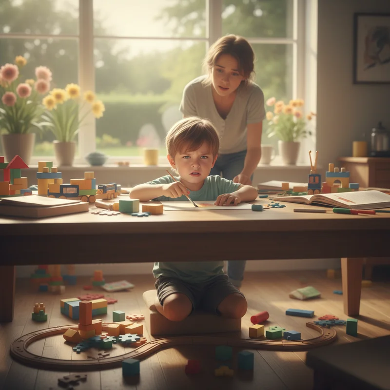 Child looking overwhelmed and frustrated sitting at a kitchen table with scattered toys and activities around, parent in background looking concerned during a summer day at home.