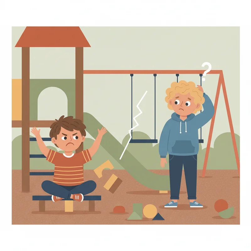 Two children playing together on a playground, one child looking frustrated while the other appears confused, capturing the misunderstood social dynamics that ADHD children often experience.