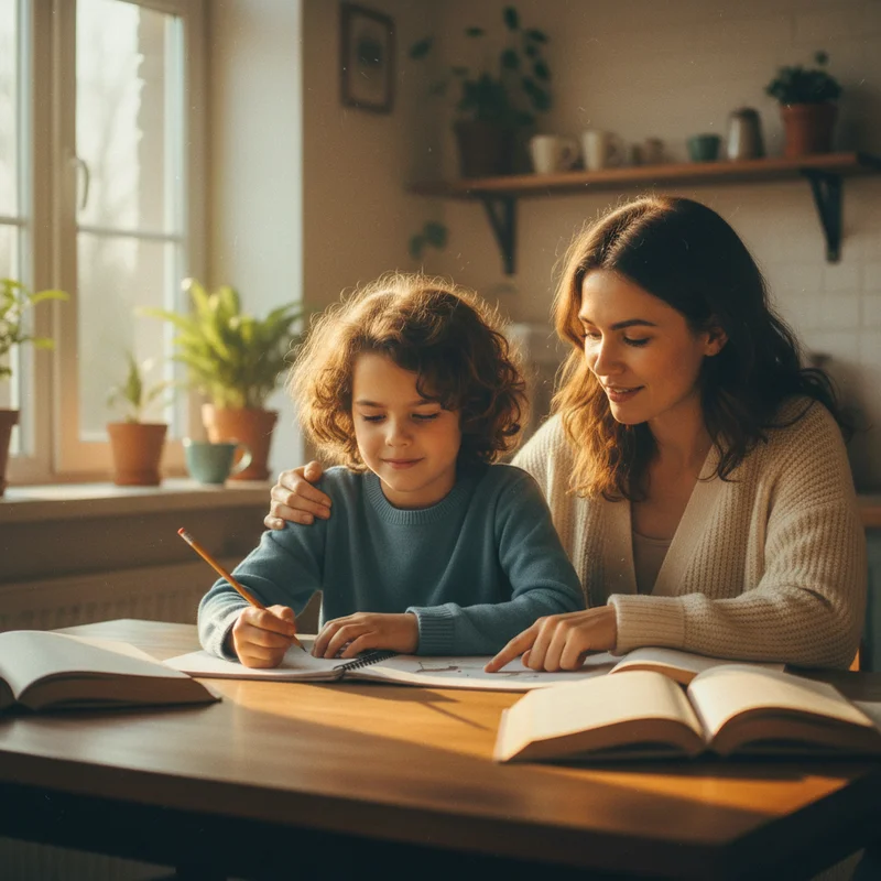 Mother and child sitting together at a kitchen table, the child appears calm and focused while working on homework, showing the positive effects of finding the right support approach.