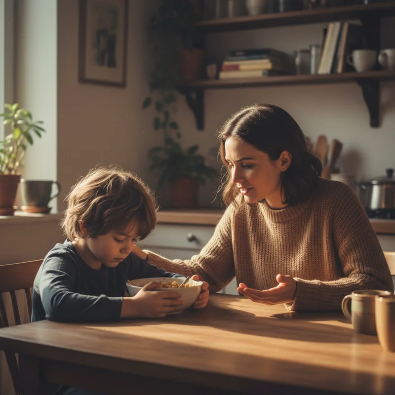 A child sitting at a kitchen table with their parent, child's gaze directed downward while parent speaks gently, showing understanding rather than frustration.