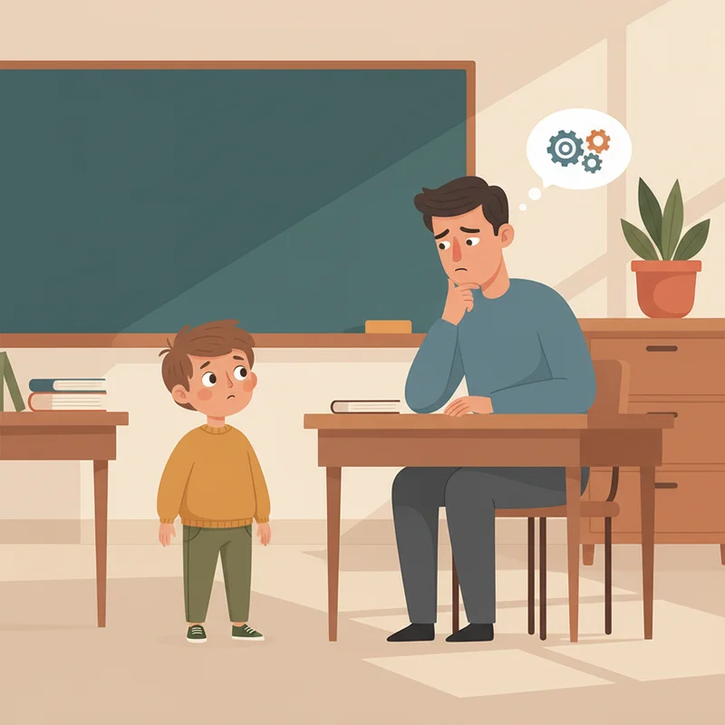 A child looking uncertainly at an adult who appears to be thinking or concentrating, showing the confusion between thinking and angry expressions in a classroom or home setting.