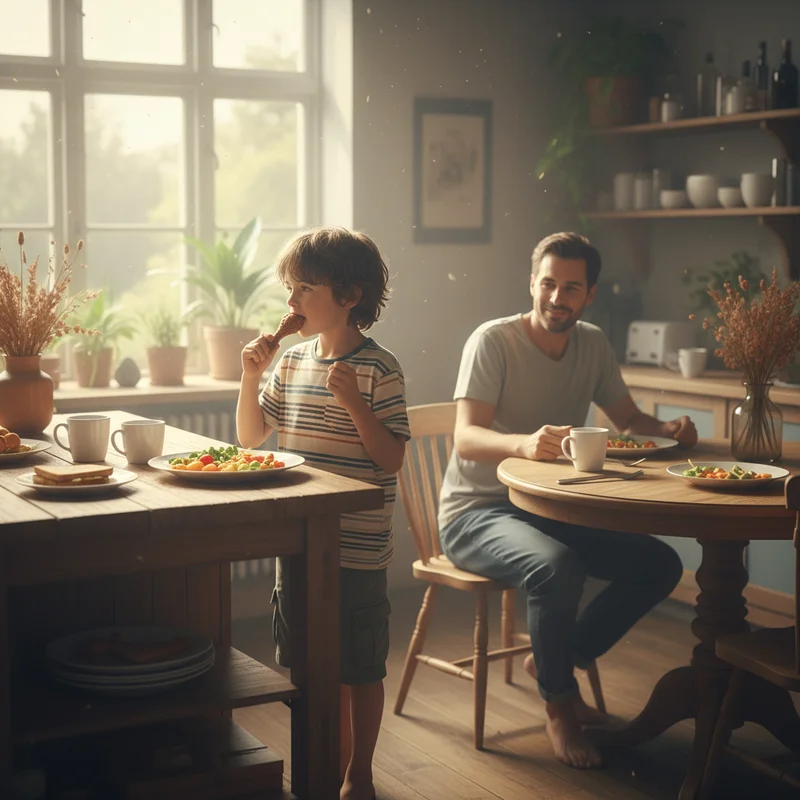 ADHD child eating dinner while standing at kitchen counter, parents sitting nearby looking relaxed and accepting, warm kitchen lighting creating a peaceful family moment.
