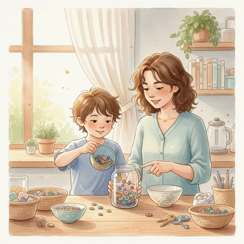A child and parent standing side by side at a kitchen counter, sorting items together with a calm, cooperative energy — warm afternoon light, no tension, the child looks engaged rather than reluctant.