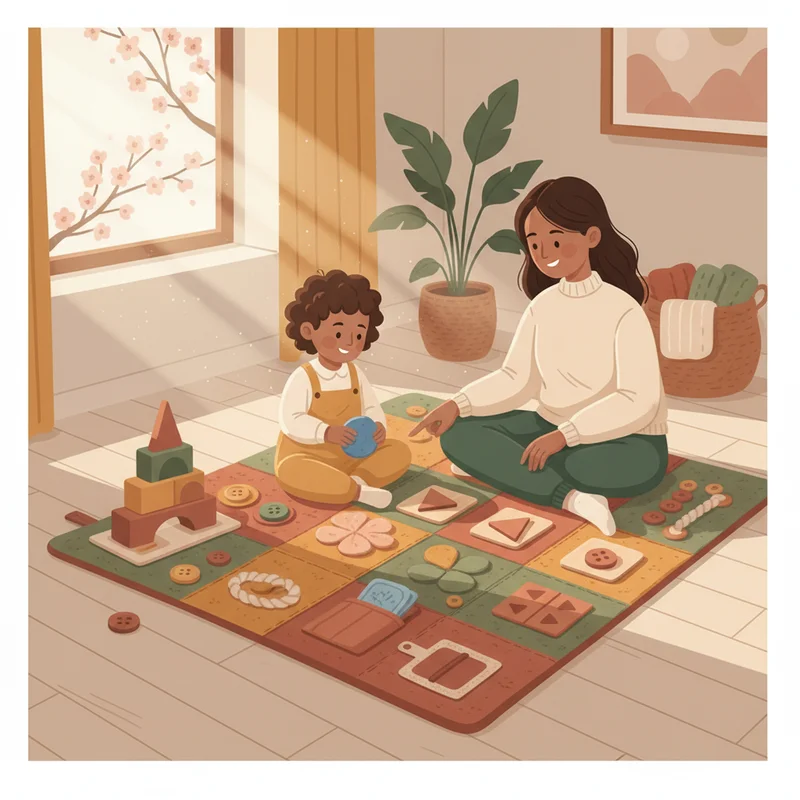 Parent and child working together on a sensory activity mat on the floor, with spring sunlight streaming through windows, showing cooperative problem-solving instead of dangerous climbing.