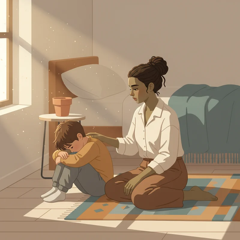 A child sitting cross-legged on a bedroom floor, visibly upset with head bowed, while a mother sits beside them gently placing a hand on their back — warm afternoon light, intimate and quiet, no text or products visible.