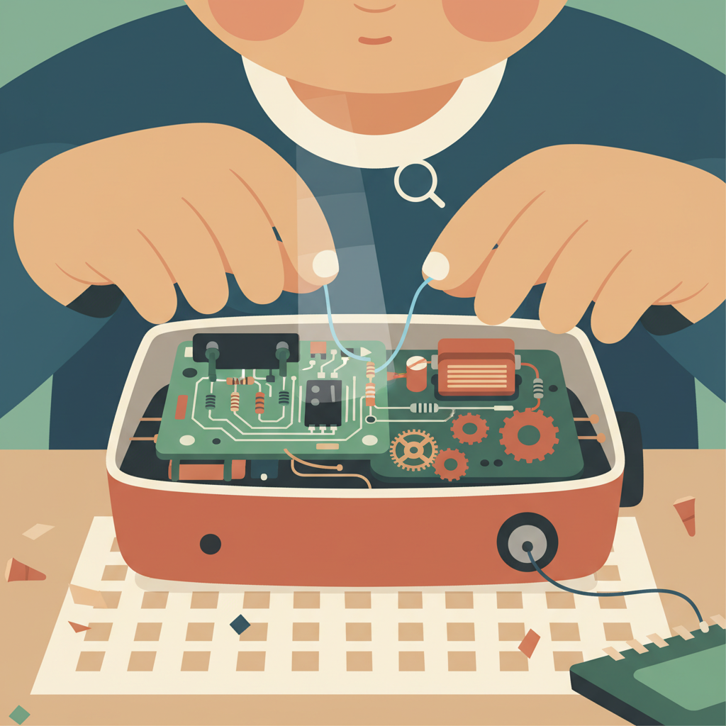 Close-up of child's hands carefully examining the inner workings of a disassembled electronic device, with small parts and circuits visible, showing curiosity rather than destruction.