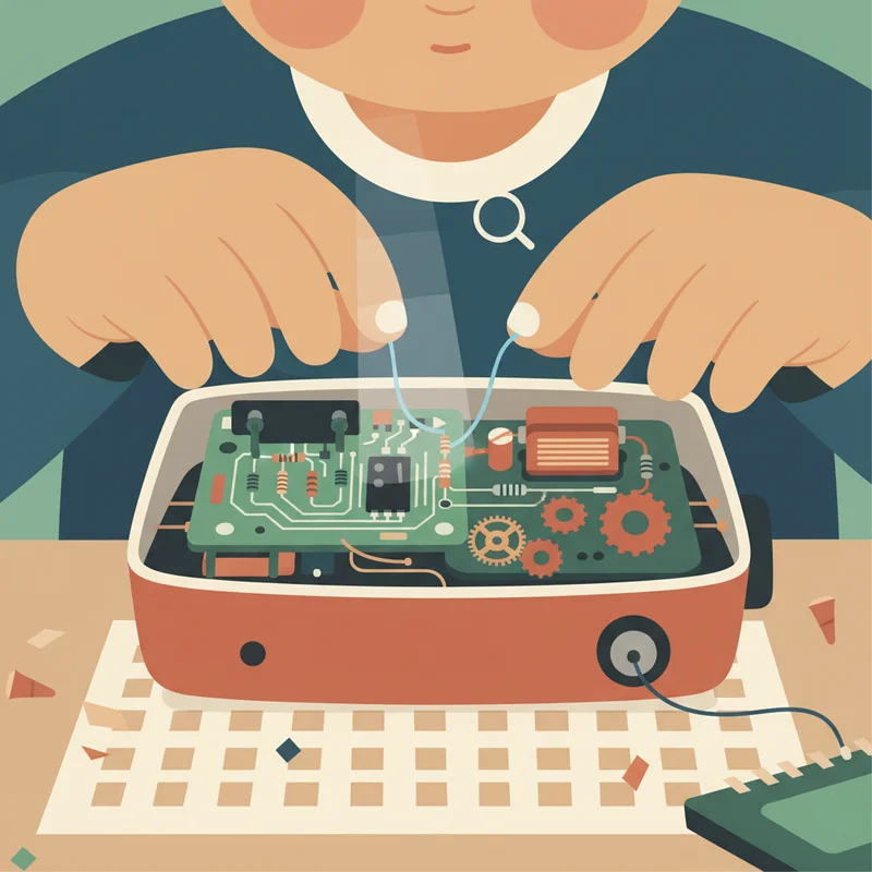 Close-up of child's hands carefully examining the inner workings of a disassembled electronic device, with small parts and circuits visible, showing curiosity rather than destruction.