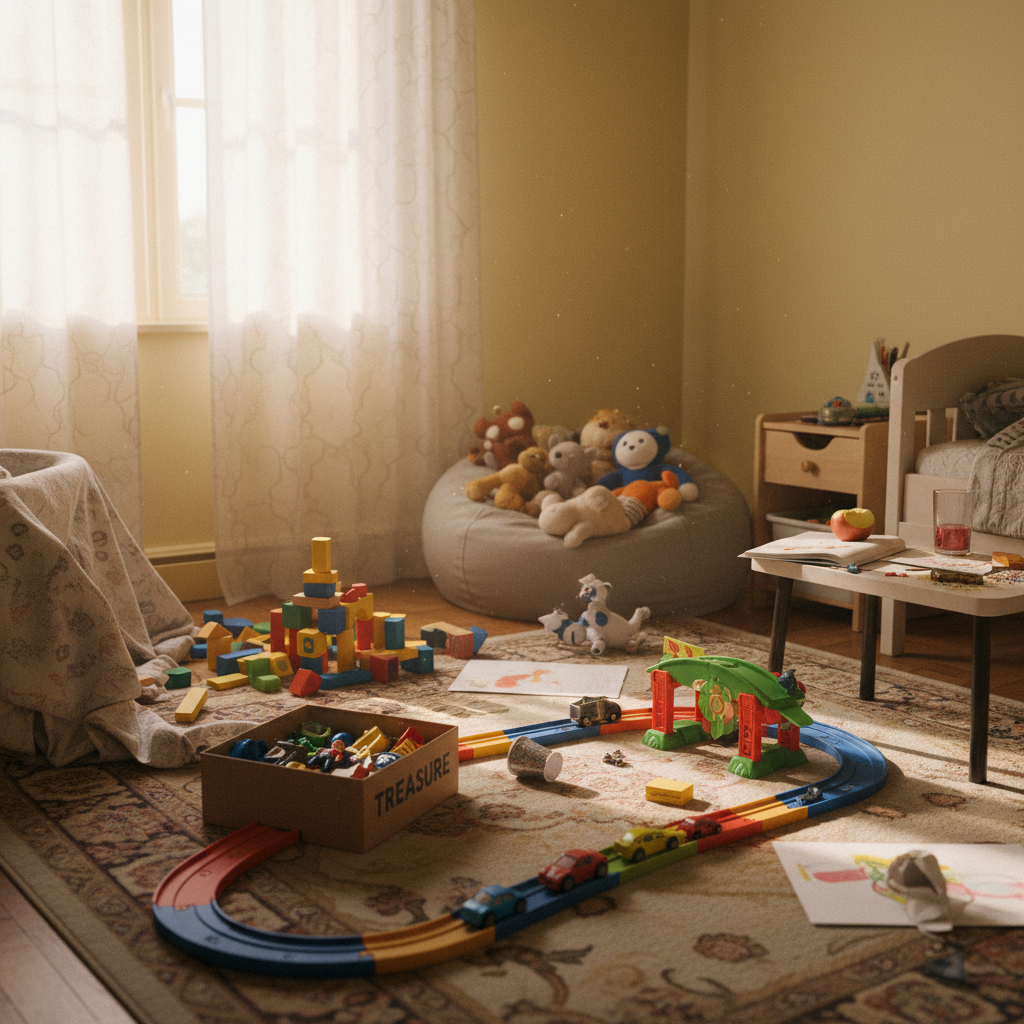 Parent looking at broken household items scattered across the living room floor while child sits nearby