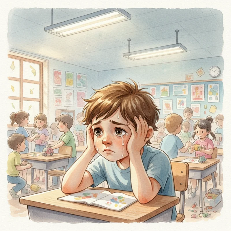 Elementary school child sitting at desk looking overwhelmed and overstimulated in a busy classroom with fluorescent lights overhead, other children in background, warm natural lighting on child's face showing stress.