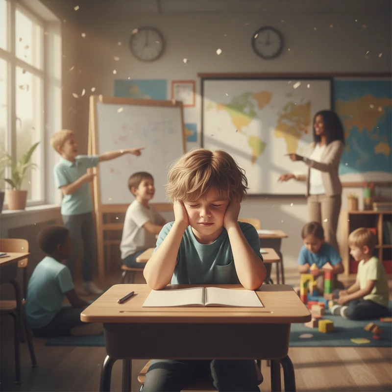 A child sitting at a school desk looking overwhelmed, hands over ears, with classroom activity happening around them - warm lighting, showing the contrast between the busy environment and the child's need for calm.