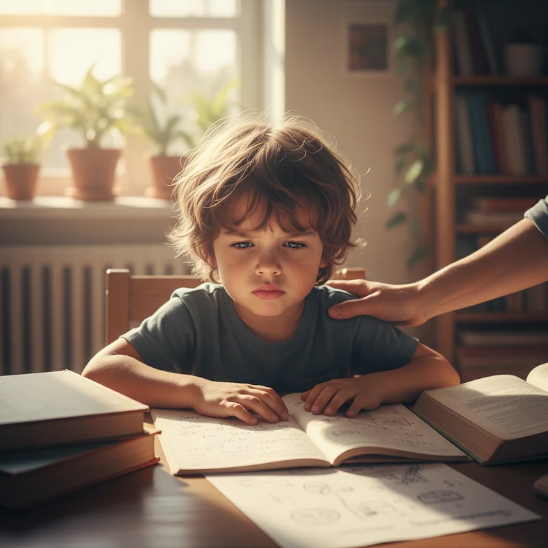 A child sitting at a desk looking frustrated while staring at homework, with a caring parent's hand gently placed on their shoulder in support.