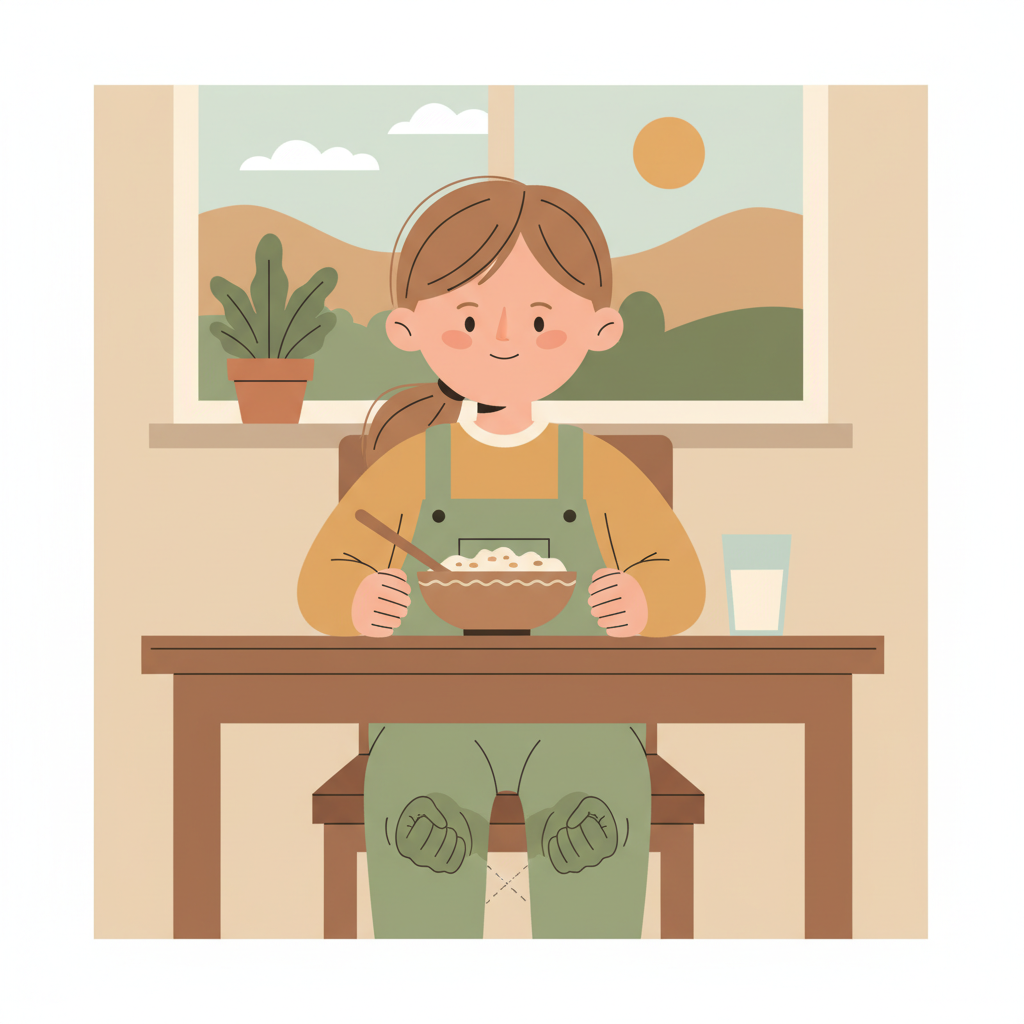 A young child sitting at a kitchen table with a calm expression while clenching their fists under the table, showing the disconnect between internal and external emotional expression.
