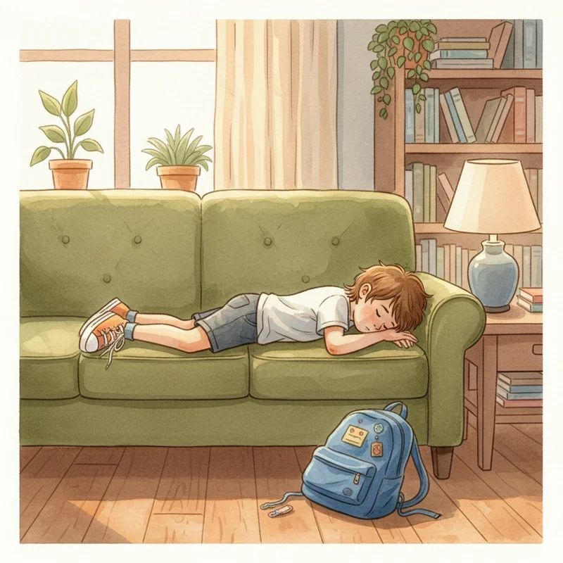 A tired elementary-school-age child lying face-down on a couch in the late afternoon, shoes still on, backpack on the floor nearby — warm, soft home lighting, a mood of quiet exhaustion rather than drama.