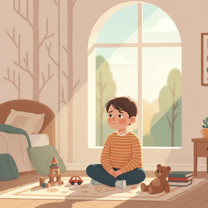 A young child sitting on the floor of a bedroom looking out a sunny window with a slightly worried expression, toys around them, warm afternoon light — conveys quiet anxiety and anticipation, not distress.