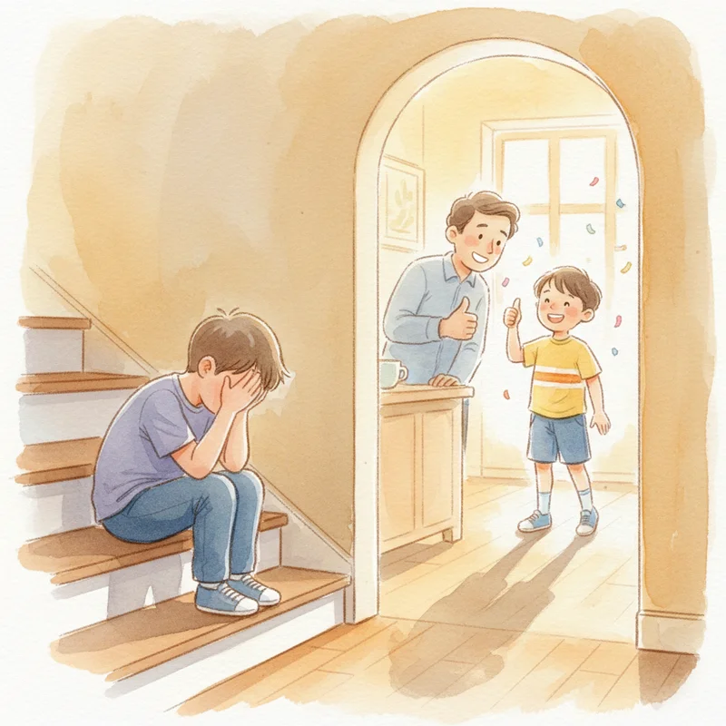 A young boy sitting alone on the stairs in a hallway, head in his hands, while through a doorway you can see a parent giving a thumbs-up to another child. Warm home lighting, candid and emotional, no text or logos.