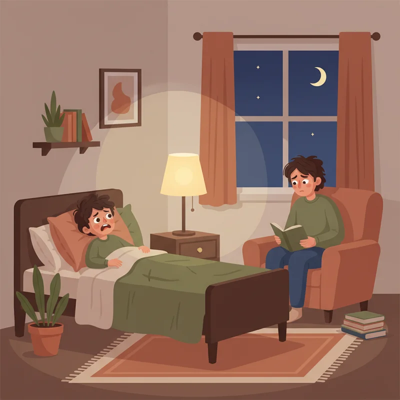 A child lying in bed looking frustrated and awake while a parent sits nearby looking tired and concerned, dim evening lighting in a cozy bedroom setting.