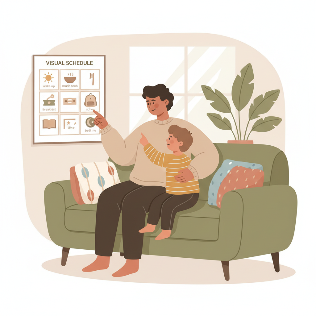 A calm parent sitting beside a child on a couch, both looking at a visual schedule or routine chart together, showing collaborative planning and security.