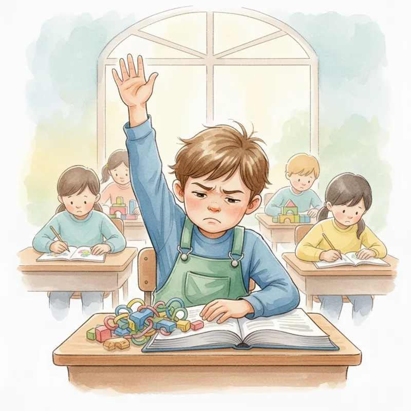 Elementary school aged child sitting at classroom desk looking frustrated while raising hand for help, with other children working independently in the background