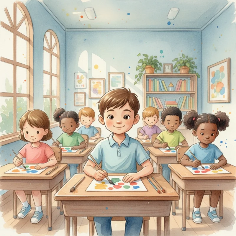 A child sitting at a classroom desk looking confident and engaged, surrounded by peers working on the same assignment, capturing a moment of inclusion and success.