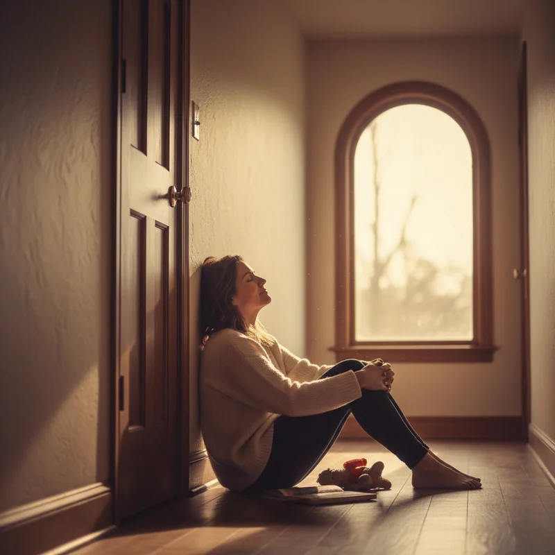 A tired mother sitting on the floor of a hallway, eyes closed, leaning against the wall beside a closed bedroom door, warm afternoon light coming through a window — conveying quiet exhaustion and resilience after a difficult moment with her child.