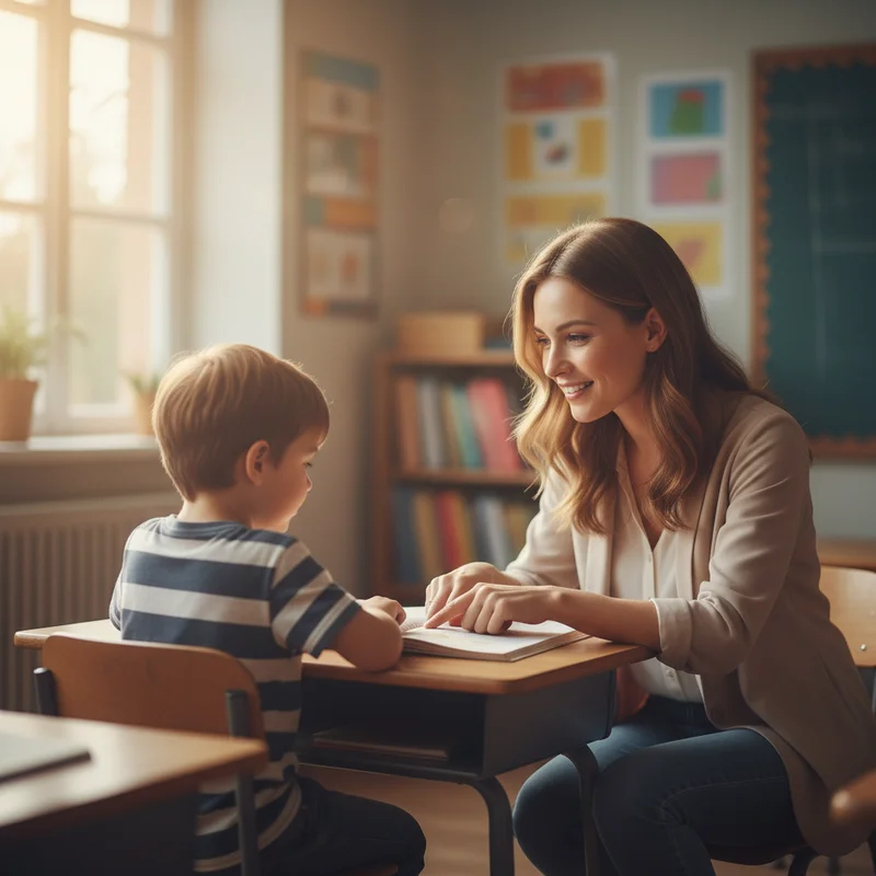 A caring female teacher crouching down to eye level with a young boy at his classroom desk, her expression warm and patient, natural light coming through a window, no text or products visible.