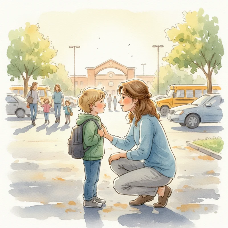 A mother kneeling down at eye level with her young son in a school parking lot on a sunny morning, both of them talking quietly before a big school event. The mood is calm and connected — she has her hand on his shoulder, he's looking at her. Warm, natural light. No text or logos.