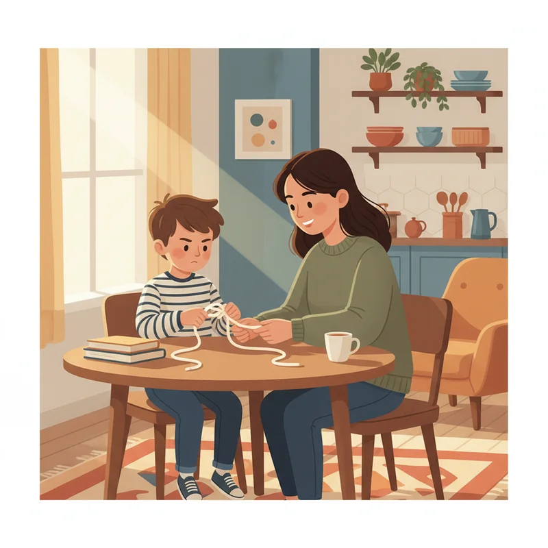A mother and young son sitting together at a kitchen table, the boy holding a piece of rope or shoelace practicing tying, both focused and calm, warm natural light, a cozy home setting.